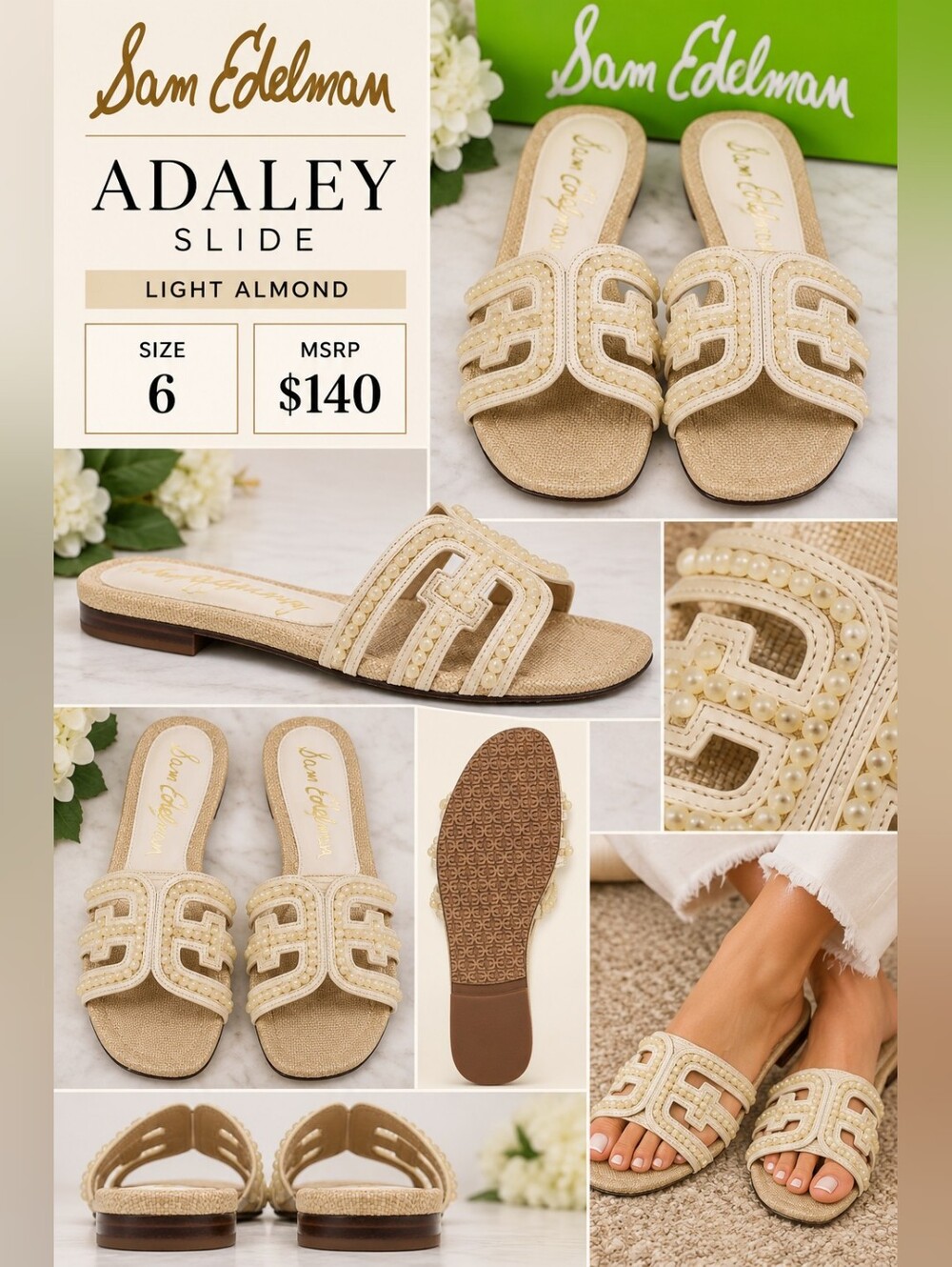 NIB Sam Edelman Adaley Slide Sandal in Light Almond with Pearl Trim
